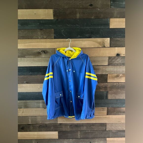 Vintage Weather-Rite Blue Yellow Reversible Raincoat with Stripes & Hood - Picture 6 of 10